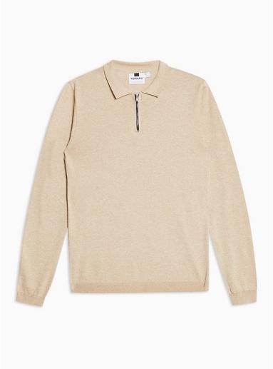 Topman Mens Beige Stone Long Sleeve Zip Polo Jumper