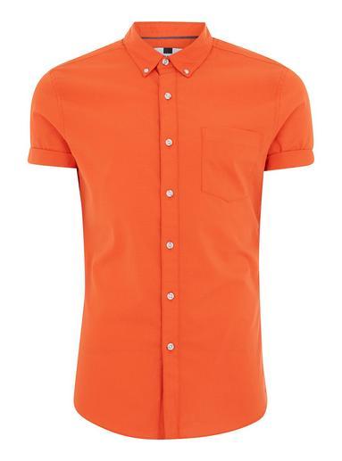 Topman Mens Orange And White Oxford Short Sleeve Shirt