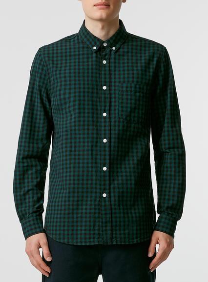Topman Mens Green Gingham Long Sleeve Casual Shirt