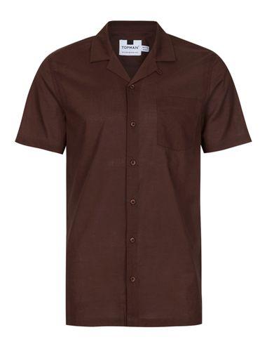 Topman Mens Orange Brown Dobby Short Sleeve Casual Shirt