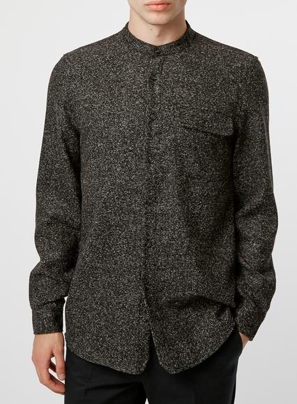 Topman Mens Black Salt And Pepper Textured Stand Collar Long Sleeve Casual Shirt