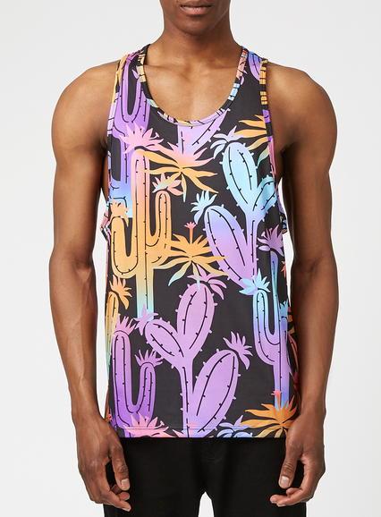 Topman Mens Black Cactus Print Tank Top