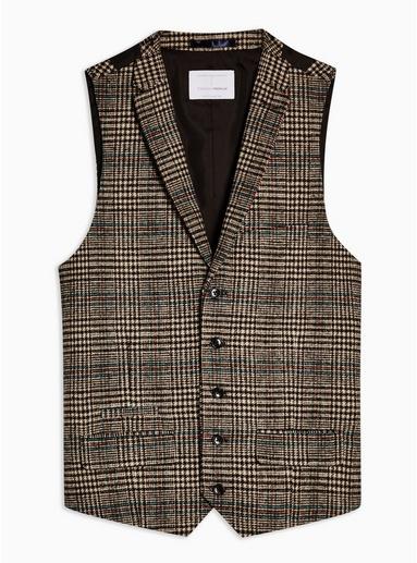 Topman Mens Heritage Brown Check Skinny Fit Suit Vest