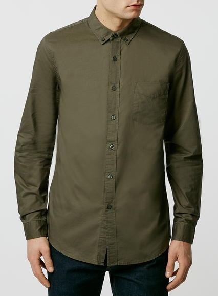 Topman Mens Green Khaki Long Sleeve Casual Shirt
