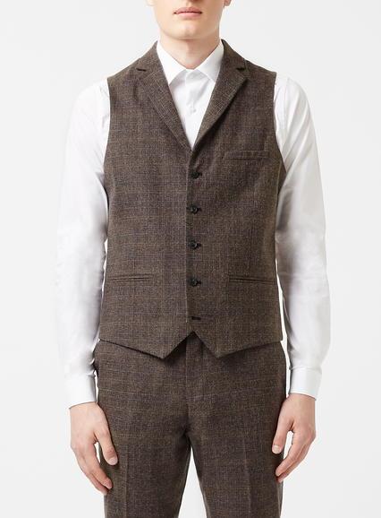 Topman Mens Brown Check Suit Vest With Notch Collar