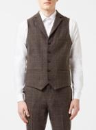 Topman Mens Brown Check Suit Vest With Notch Collar