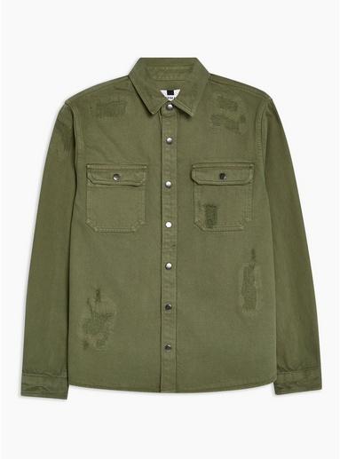Topman Mens Khaki Rip Denim Slim Shirt