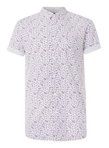 Topman Mens Red White And Burgundy Leaf Print Short Sleeve Casual Shirt