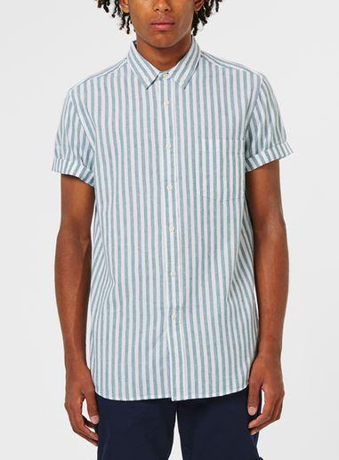 Topman Mens Green And White Stripe Short Sleeve Casual Shirt
