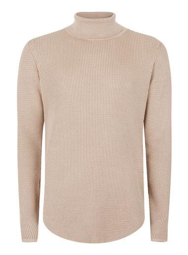 Topman Mens Camel Waffle Textured Roll Neck Sweater