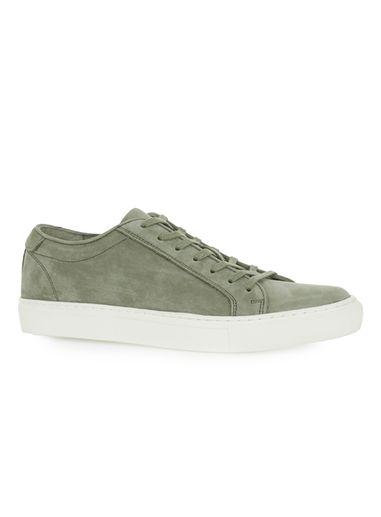 Topman Mens Green Khaki Leather Nubuck Sneakers