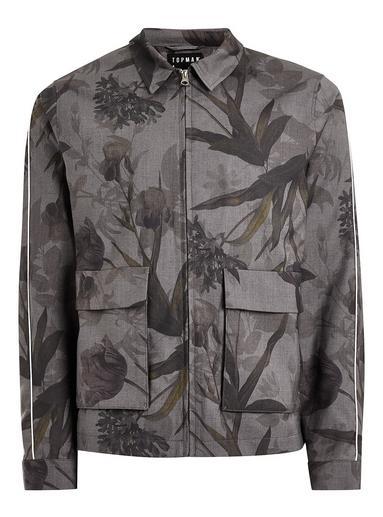 Topman Mens Mid Grey Black And Grey Floral Zip Through Jacket