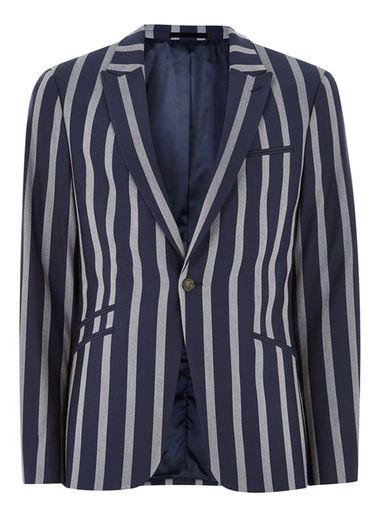 Topman Mens Navy And White Stripe Muscle Fit Suit Jacket