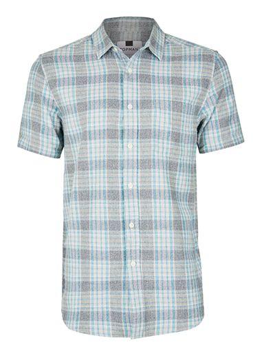Topman Mens Green Teal Check Short Sleeve Casual Shirt