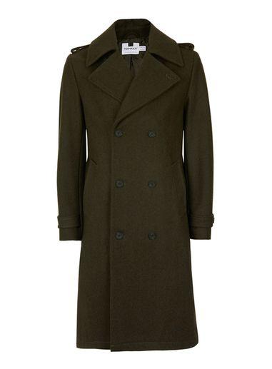 Topman Mens Green Khaki Military Style Wool Rich Trench Coat