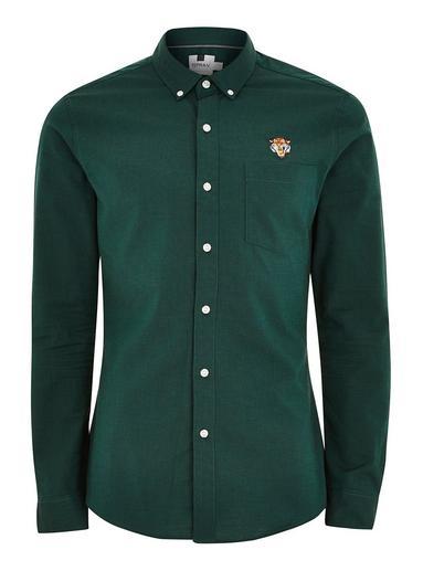 Topman Mens Forest Green Tiger Embroidered Long Sleeve Shirt
