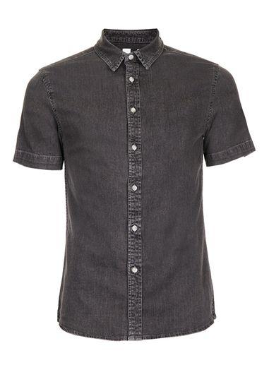 Topman Mens Grey Gray Muscle Fit Short Sleeve Denim Shirt