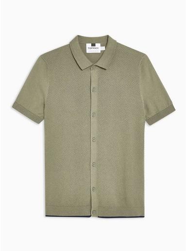 Topman Mens Khaki Button Down Knitted Polo