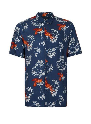 Topman Mens Black Blue Bird Print Short Sleeve Viscose Shirt