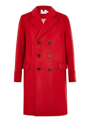 Topman Mens Red Contrast Stitch Oversized Coat With Wool