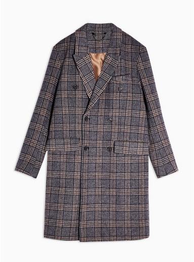Topman Mens Brown And Blue Check Double Breasted Overcoat