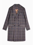 Topman Mens Brown And Blue Check Double Breasted Overcoat