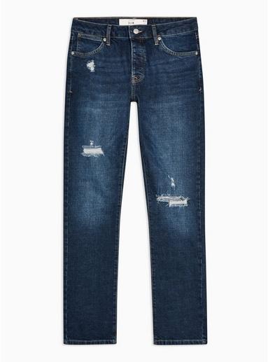 Topman Mens Grey Dark Wash Ripped Stretch Slim Jeans