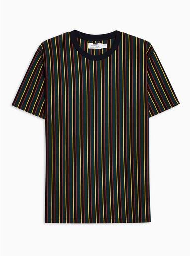 Topman Mens Navy And Green Stripe T-shirt