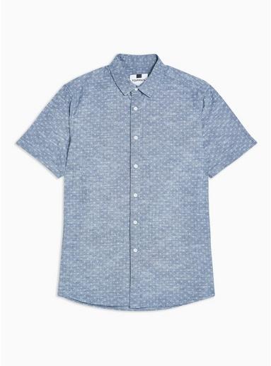 Topman Mens Blue Printed Chambray Slim Shirt