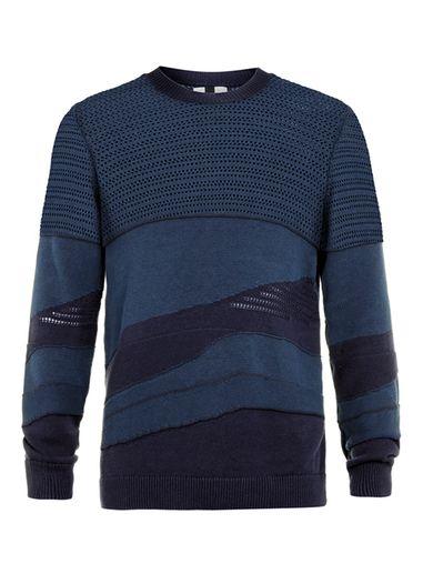 Topman Mens Blue Navy Pointelle Crew Neck Sweater