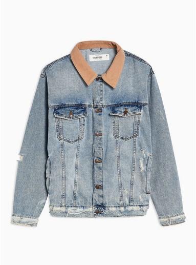 Topman Mens Blue Mid Wash Denim Jacket With Corduroy Collar