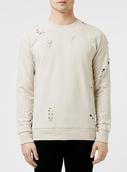 Topman Mens Brown Criminal Damage Light Nude Distressed Shoreditch Sweatshirt*