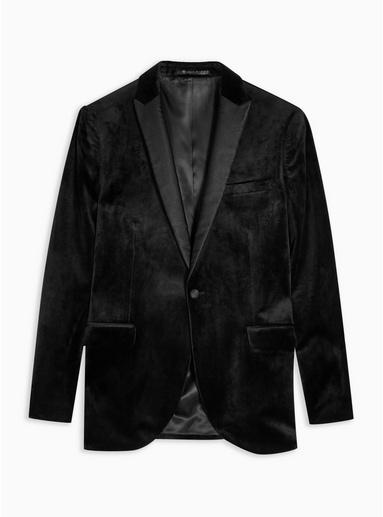 Topman Mens Black Skinny Fit Single Breasted Velvet Blazer With Peak Lapels