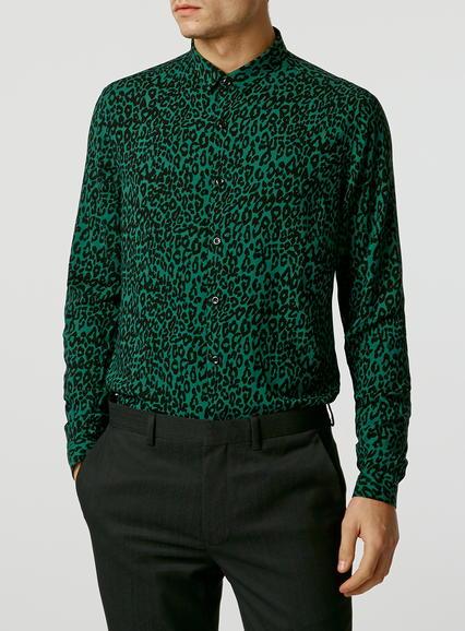 Topman Mens Green Leopard Print Long Sleeve Dress Shirt