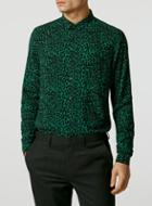 Topman Mens Green Leopard Print Long Sleeve Dress Shirt