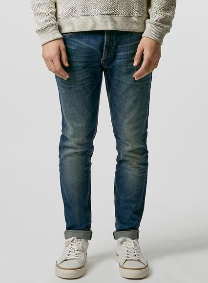 Topman Mens Ltd Washed Blue Stretch Skinny Selvedge Jeans