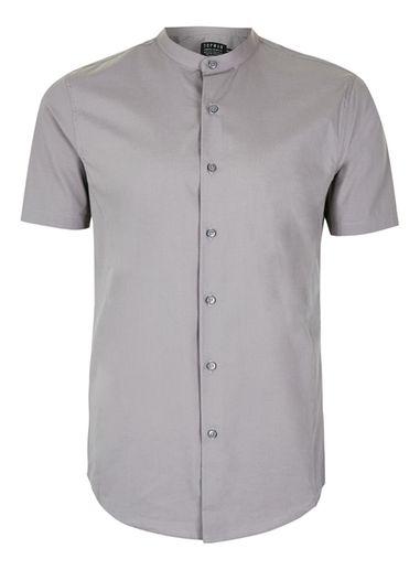 Topman Mens Grey Stretch Skinny Stand Collar Short Sleeve Smart Shirt