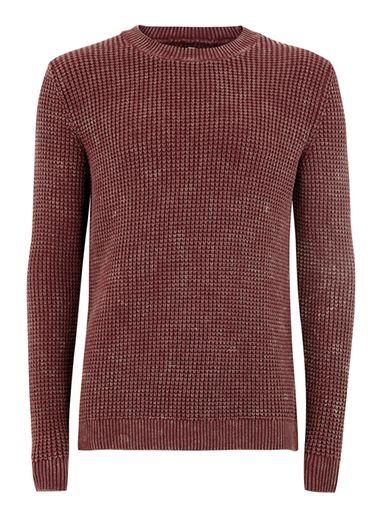 Topman Mens Red Burgundy And Mustard Acid Wash Waffle Sweater