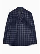 Topman Mens Navy Windowpane Check Double Breasted Skinny Fit Suit Blazer With Peak Lapels