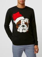 Topman Mens Black Santa Bulldog Crew Neck Christmas Sweater