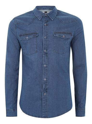 Topman Mens Blue Denim Muscle Western Long Sleeve Shirt