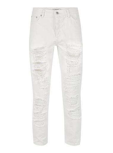 Topman Mens Cream White Extreme Ripped Tapered Jeans