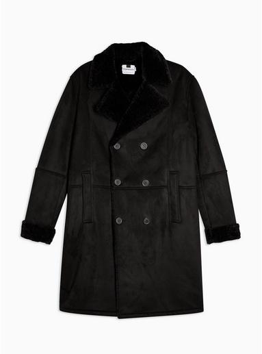 Topman Mens Black Longline Faux Shearling Jacket