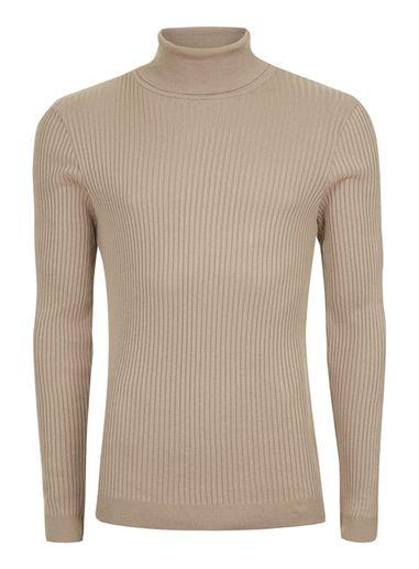 Topman Mens Camel Ribbed Roll Neck Slim Fit Sweater
