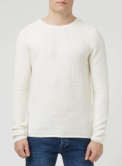 Topman Mens White Zig Zag Textured Crew Neck Sweater