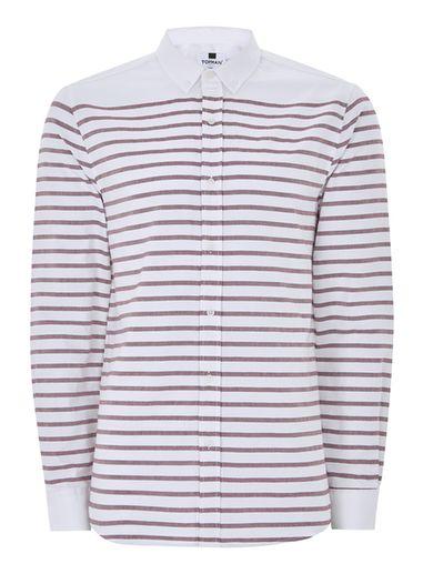 Topman Mens Red White And Burgundy Stripe Button Down Shirt