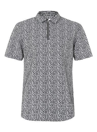 Topman Mens Blue Navy And White Geo Block Print Zip Short Sleeve Casual Shirt