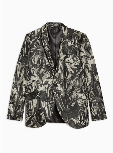 Topman Mens Grey Moth Jacquard Skinny Blazer