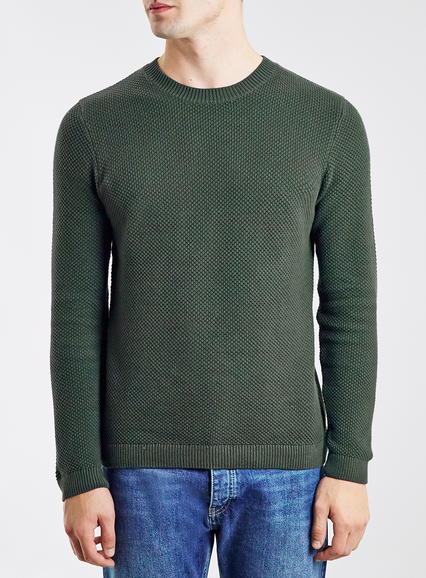 Topman Mens Green Khaki Waffle Textured Crew Neck Sweater