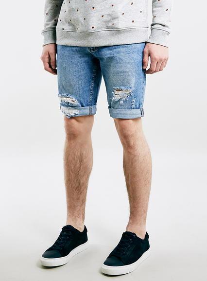 Topman Mens Blue Mid Wash Ripped Skinny Shorts